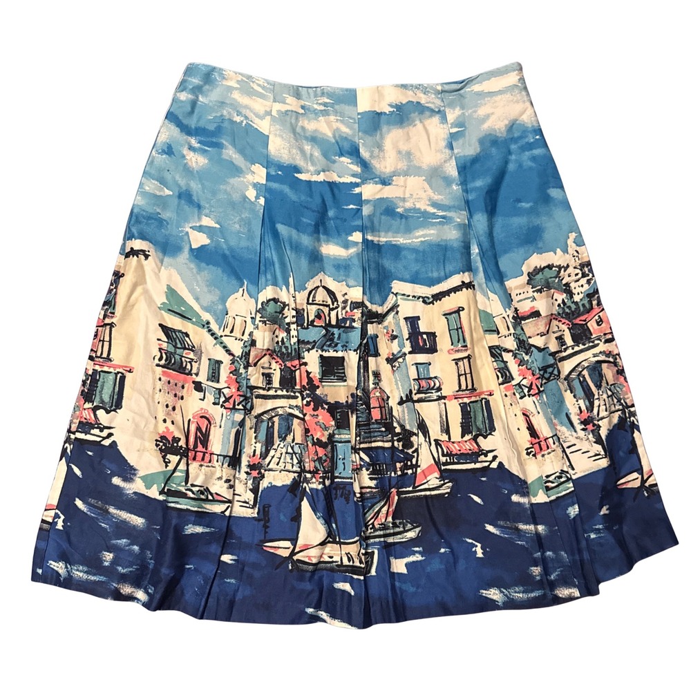 Charter Club Blue Scenic Mykonos Greece Print Cotton A-Line Skirt Sz 10